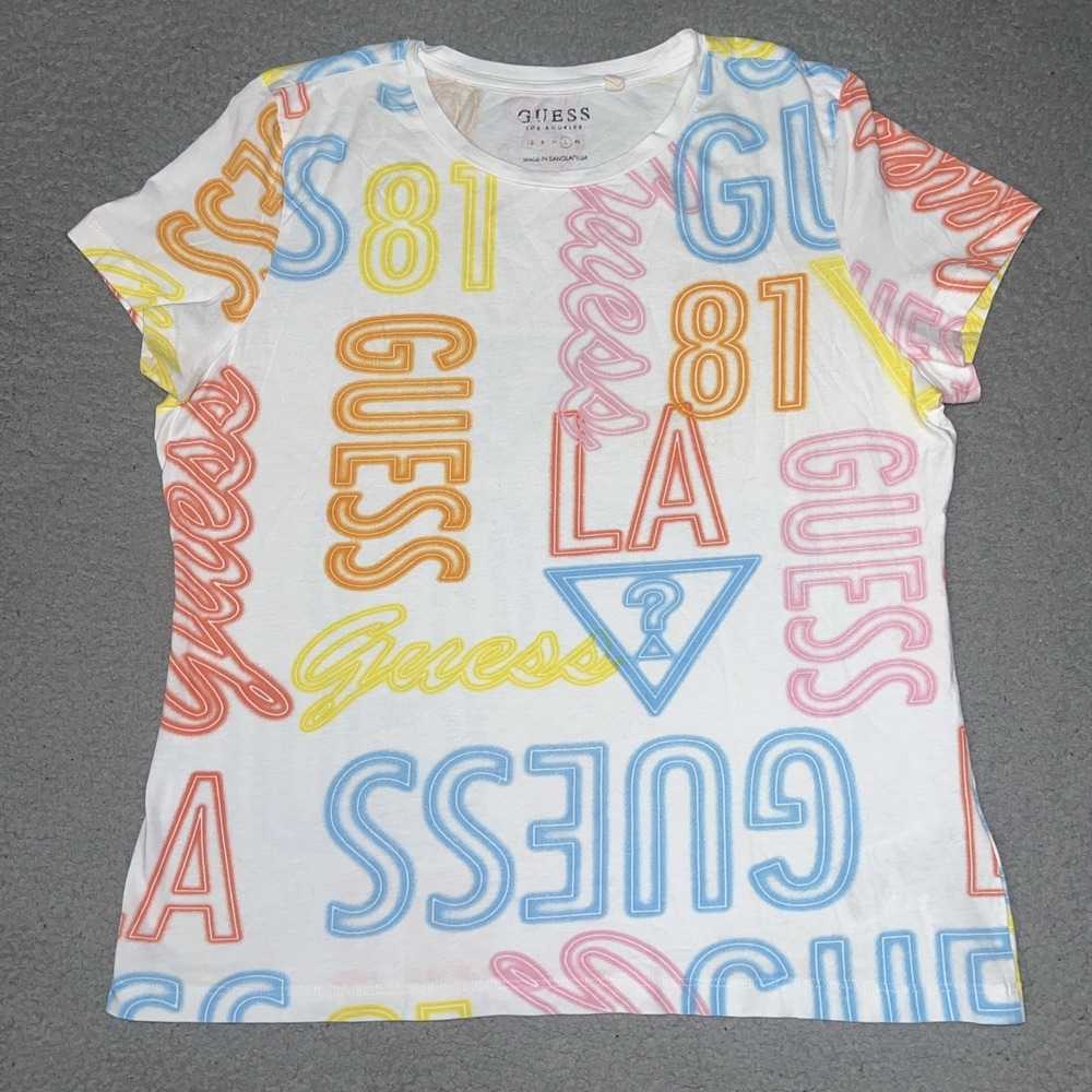 Guess Los Angeles 81 T Shirt Womens Sz L White Spell Out All Over Print Logo Tee
